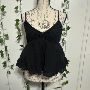Black Lace-Top Peplum Tank Top - Women